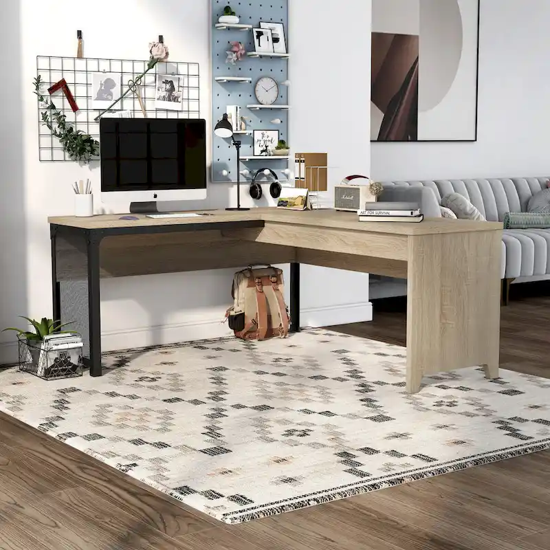 L-Shaped Standing Desk with Natural Oak Desktop & Iron Frame, 65