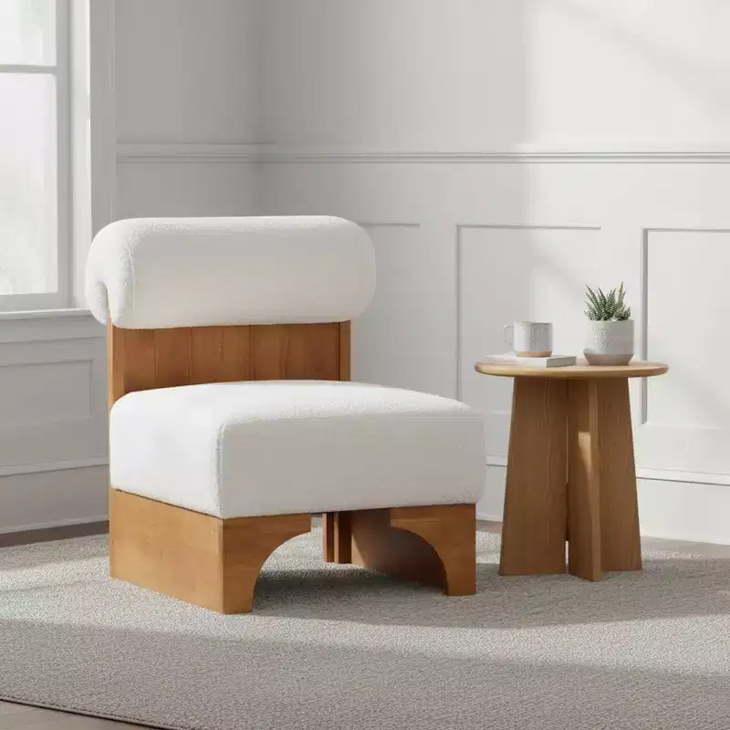 Accent Chair with Rolled Backrest and Solid Wood Base, Boucle Upholstery