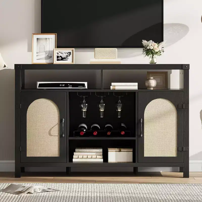 59 Farmhouse Wine Bar Cabinet with Rattan Sliding Door - Coffee Bar with Wine Rack, Adjustable Shelves, Sideboard for Kitchen & Dining Room