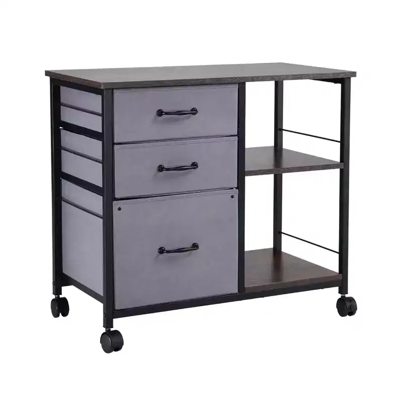 Metal File Cabinet, Mobile Filing Cabinet with 3 Fabric Drawers and 2 Open Shelves, Wooden Vertical Filing Storage Cabinets with Wheels, Brown