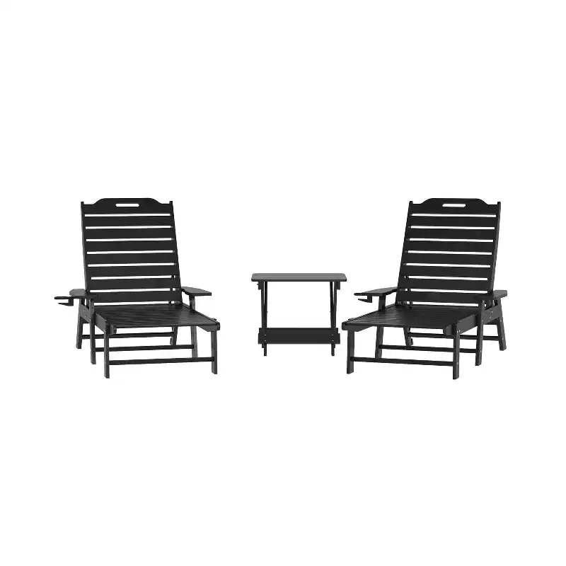 Flash Furniture Monterey Commercial Grade 3-Piece Indoor/Outdoor Adirondack Set with 2 Adjustable HDPE Loungers with Cup Holders and Folding Side Table