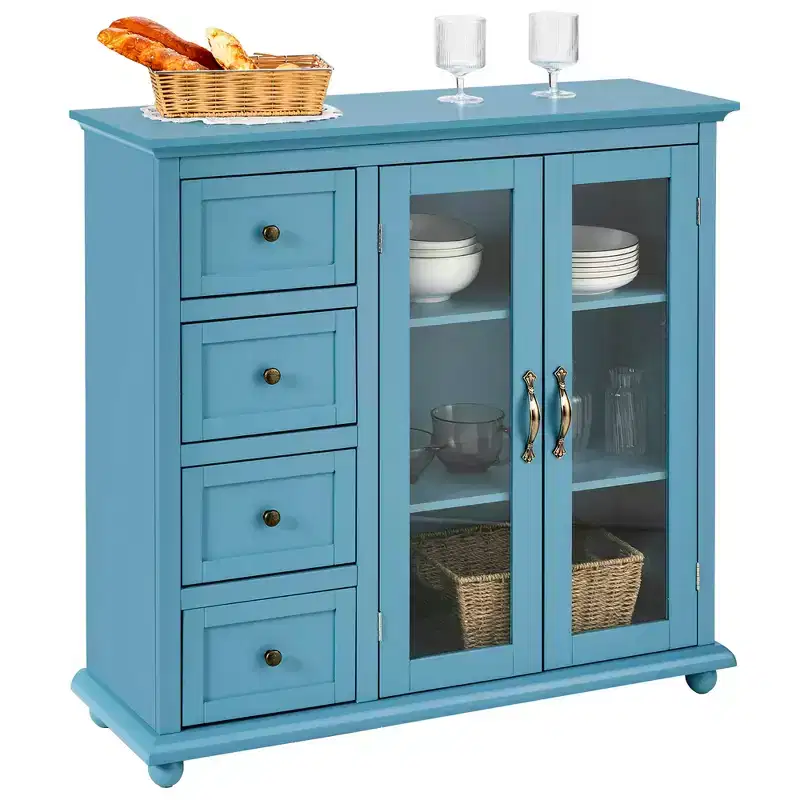 Buffet Sideboard Kitchen Storage Cabinet – 4 Drawers, 2 Glass Doors, MDF, White/Blue/Green