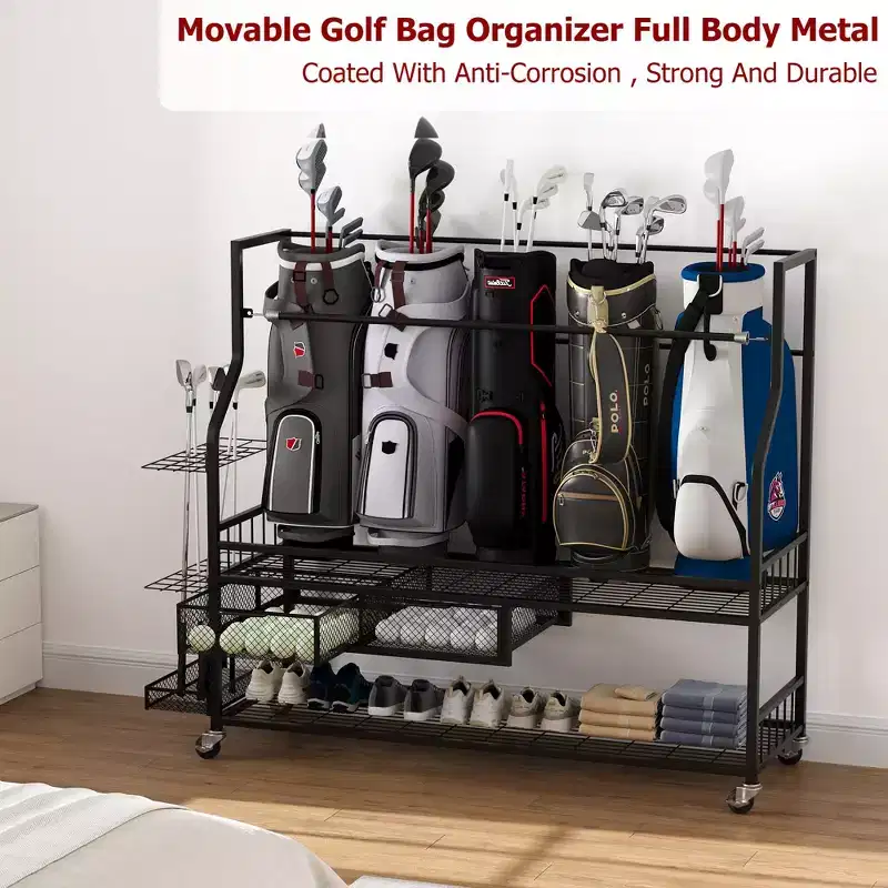 Movable Golf Bag Organizer, All In One Golf Bag Storage Garage Organizer, Sports Equipment Organizer, Golf Bag Storage Garage Organizer with Baskets