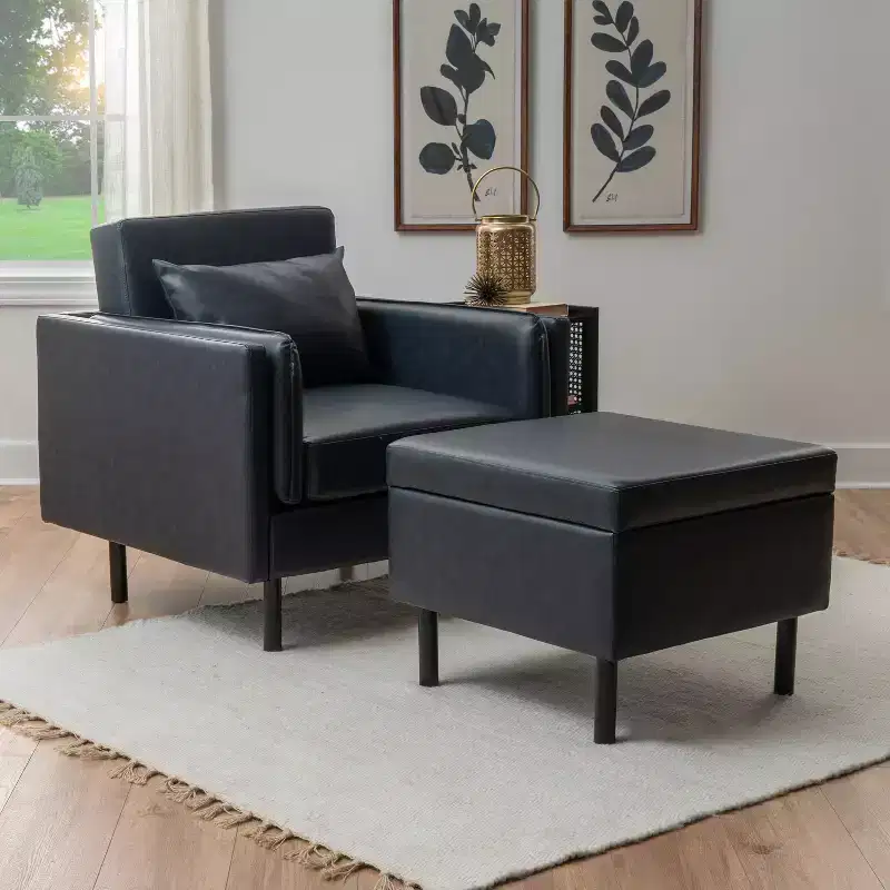 Linon Wallis Faux Leather Chair and Ottoman Navy
