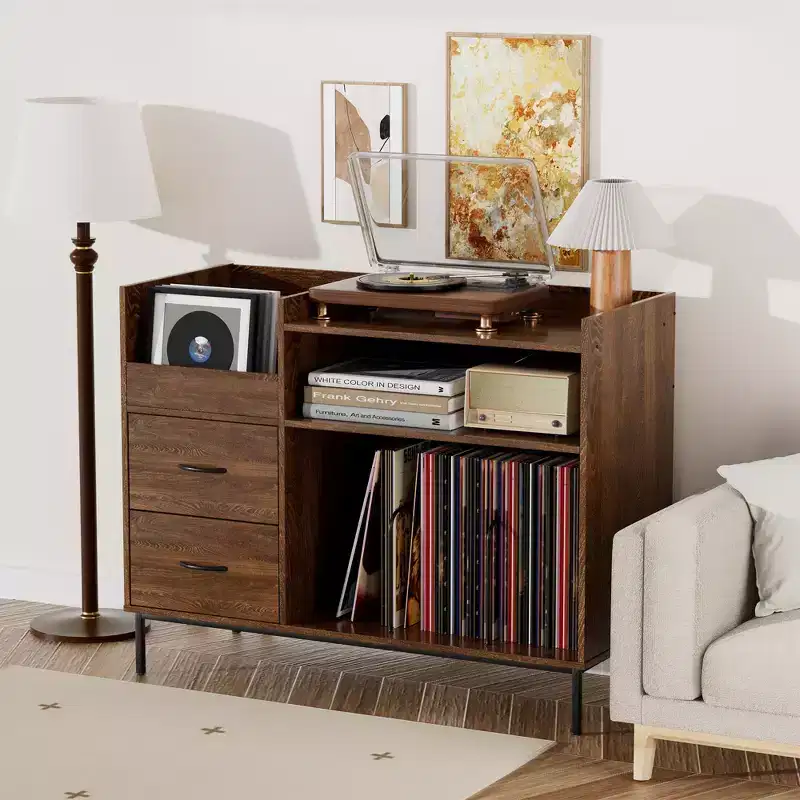 Record Player Stand with Storage – Mid-Century Style, Holds 500+ Albums