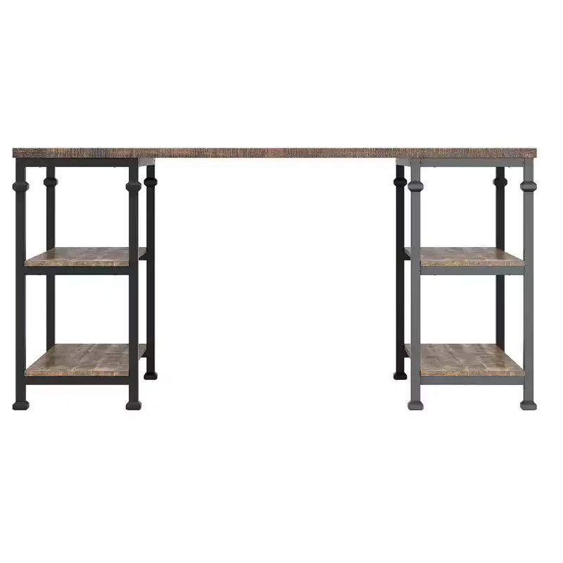 Vintage Industrial Storage Desk with Metal Frame & Poplar Wood Shelves