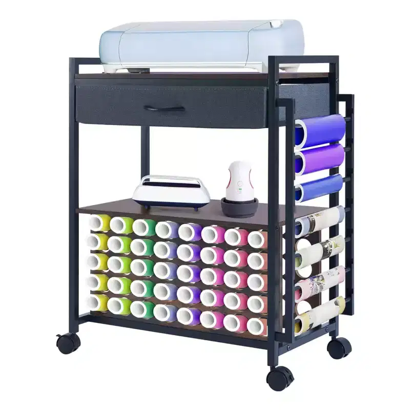Craft Organization and Storage Cart Compatible with Cricut Machine, Rolling Craft Organizer with Fabric Drawer, Hook & 47 Vinyl Roll Holder