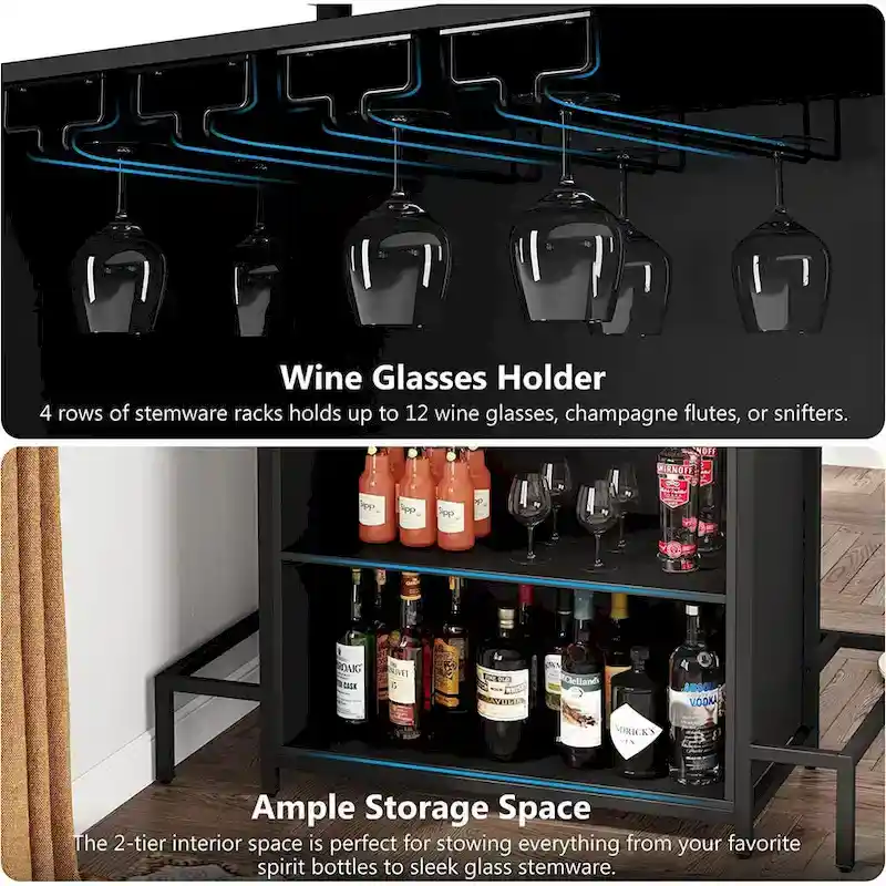 Home Bar Unit 3-Tier Liquor Bar Table with Glasses Holder Wine Storage