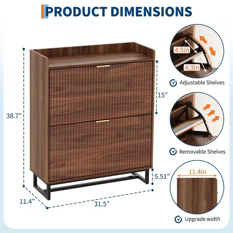 Shoe Storage Cabinet with 2 Flip Drawers, Narrow Wood Hidden Fluted Shoe Rack Organizer Cabinet for Entryway, Walnut