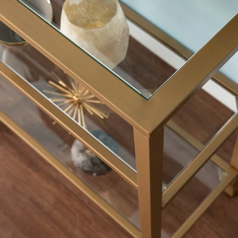 SEI Furniture Jensen Narrow Metal Console Table w/ Glass Shelves - Gold
