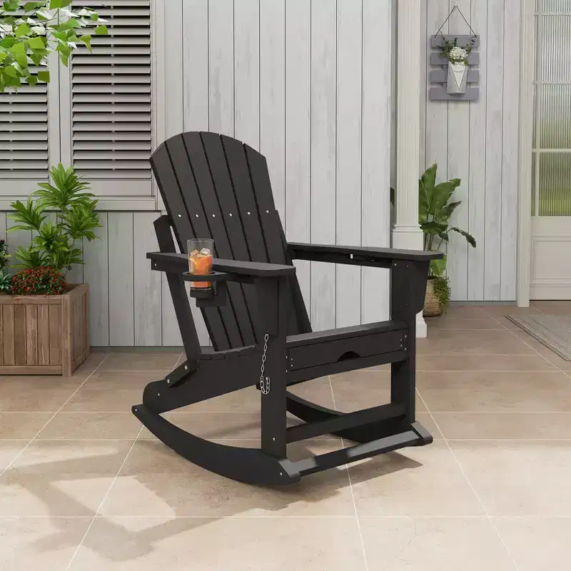 Folding Adirondack Outdoor Patio Rocking Chair, All-Weather Heavy Duty HDPE Lounger with Retractable Cup Holders & Ottoman for Garden