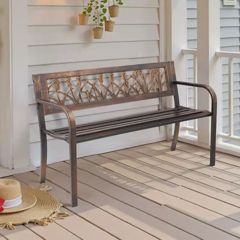 VEVOR Outdoor Bench, 50 inch, Carbon Steel Metal Frame with PVC Floral Pattern Backrest and Round Edge Armrests, Weatherproof Outside Bench, Brown