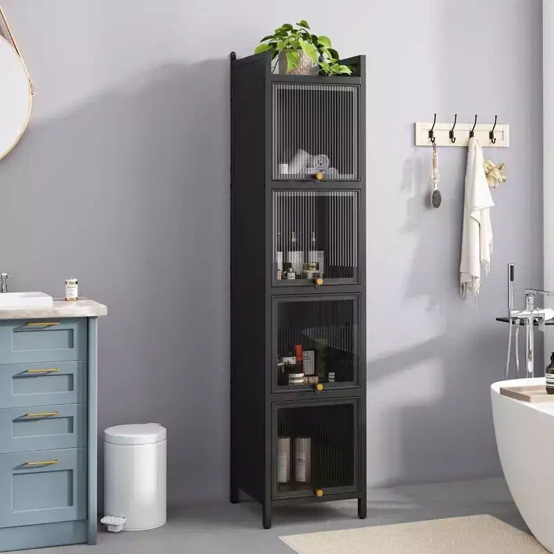 MAYEERTY Modern Four Tiers Glass Door Cabinet with Featuring Five Tiers Storage for Living Room Bathroom Black