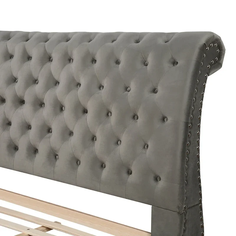 Gray Velvet Button Tufted Nailhead Sleigh Bed – Queen / King
