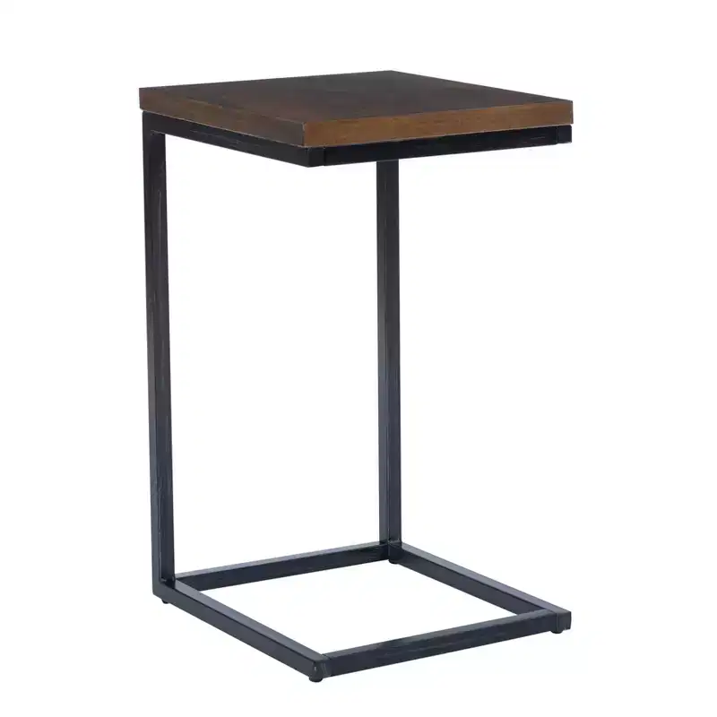 Hamri Traditional C Style Accent Table Walnut Wood and Hand Distressed Black Metal Frame - : Sofa Side, Bedroom Use
