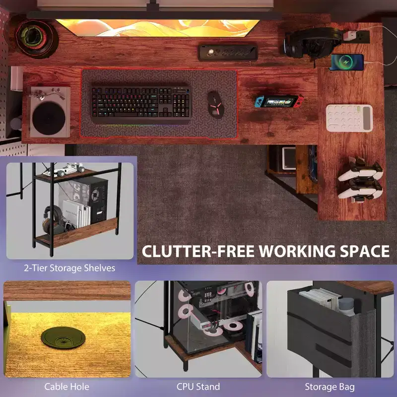 L Shaped Computer Desk with Charging Station and RGB Lights Reversible Home Office Desk