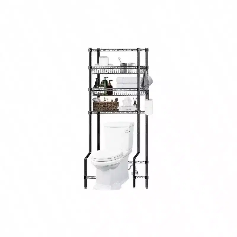 Bathroom Organizer Over Toilet Storage 4 Tier Metal Shelf Rack Black Space Saver with Adjustable Shelves and Baskets