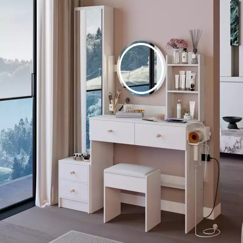 17-Inch Luxury Vanity Desk Set with Full-Body Mirror Cabinet and Lights, Cabinet Storage, Built-In Power Hub, Hair Dryer Stand, and Stool