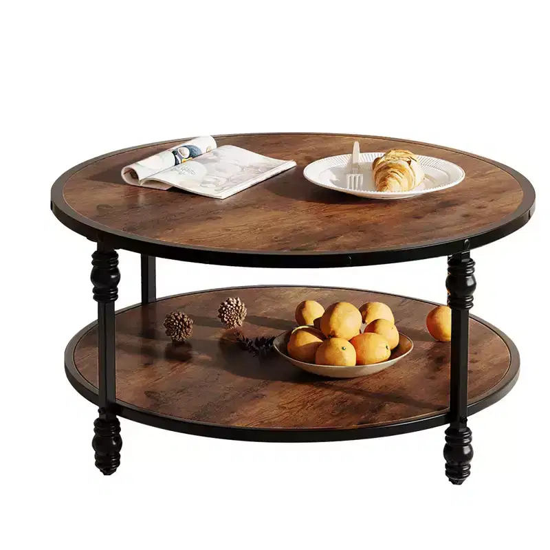 34.5/30.5 Round Coffee Table, 2 Tier Center Table with Storage Shelf, Wooden Industrial Circle Coffee Table with Metal Frame, Rustic Brown
