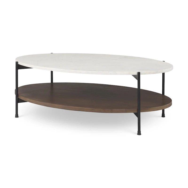 White Marble Top w/ Dark Brown Wood Shelf Oval Coffee Table
