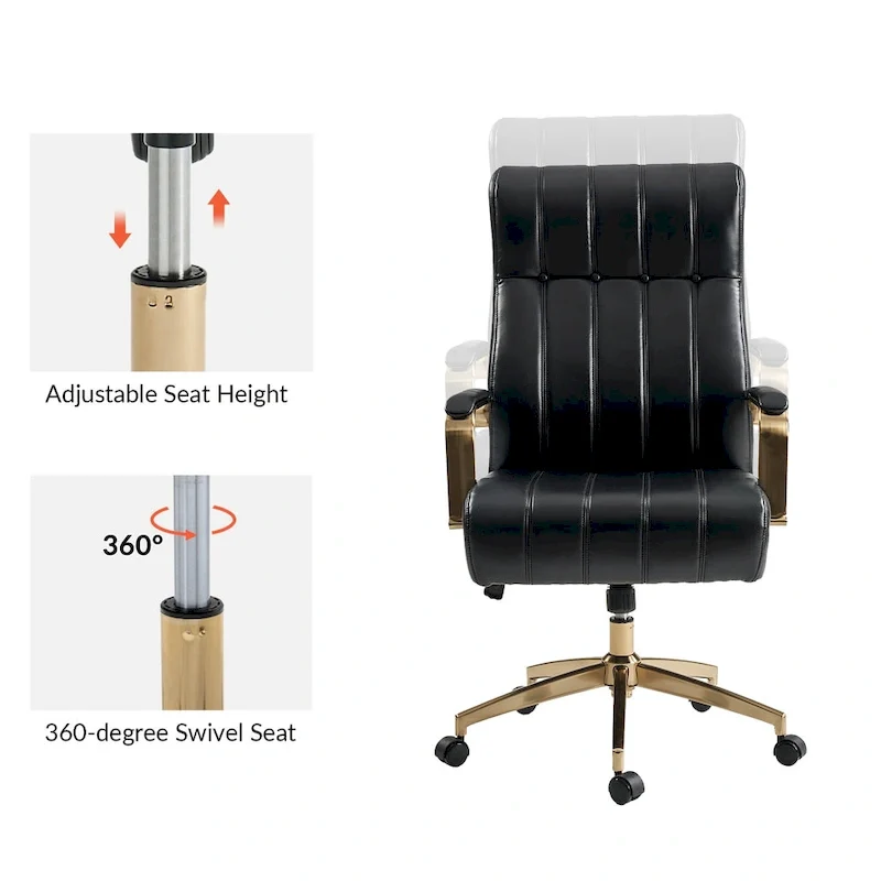 Mid-Century Modern Vegan Leather Swivel Tilting Office Chair with Channel Tufted and Metal Feet