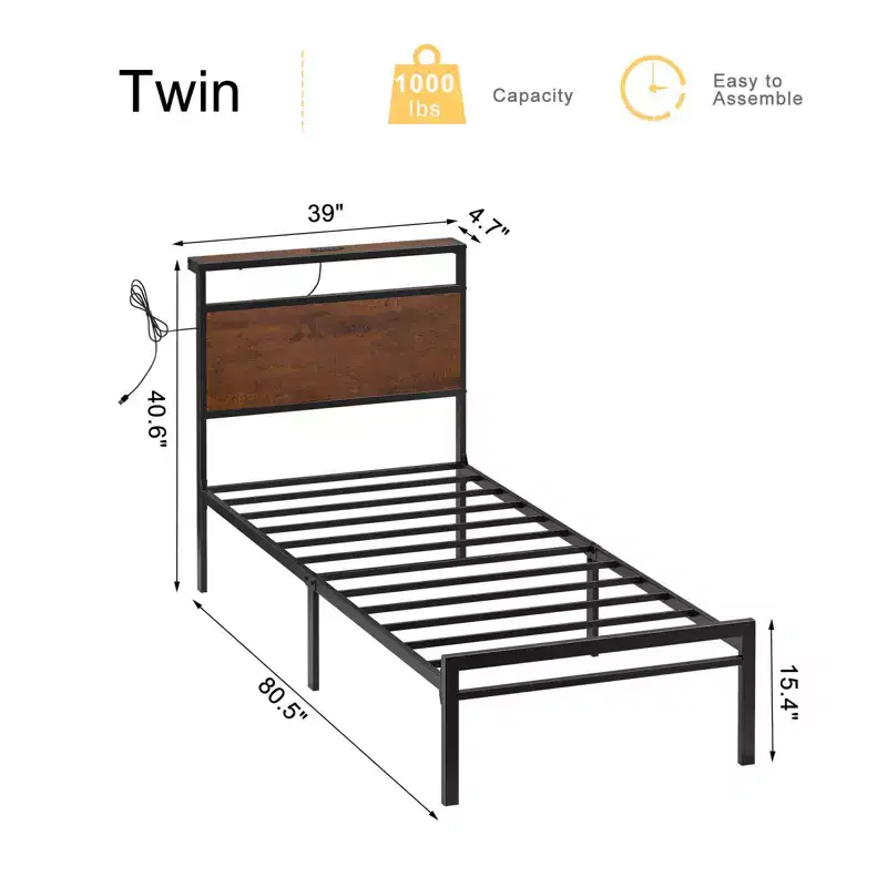 Hausource Industrial Bed Frame with Storage LED Headboard, Charging Station, No Box Spring Needed