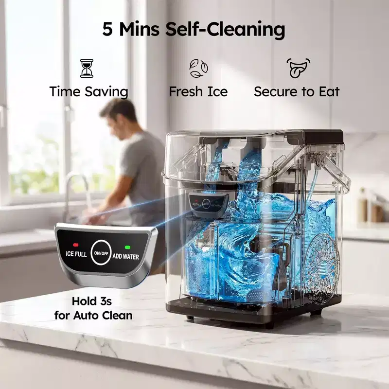 Simzlife 33 Lbs. Nugget Ice Maker Countertop , 5mins Fast Ice Making, Quiet Operation & Self-Cleaning, Black