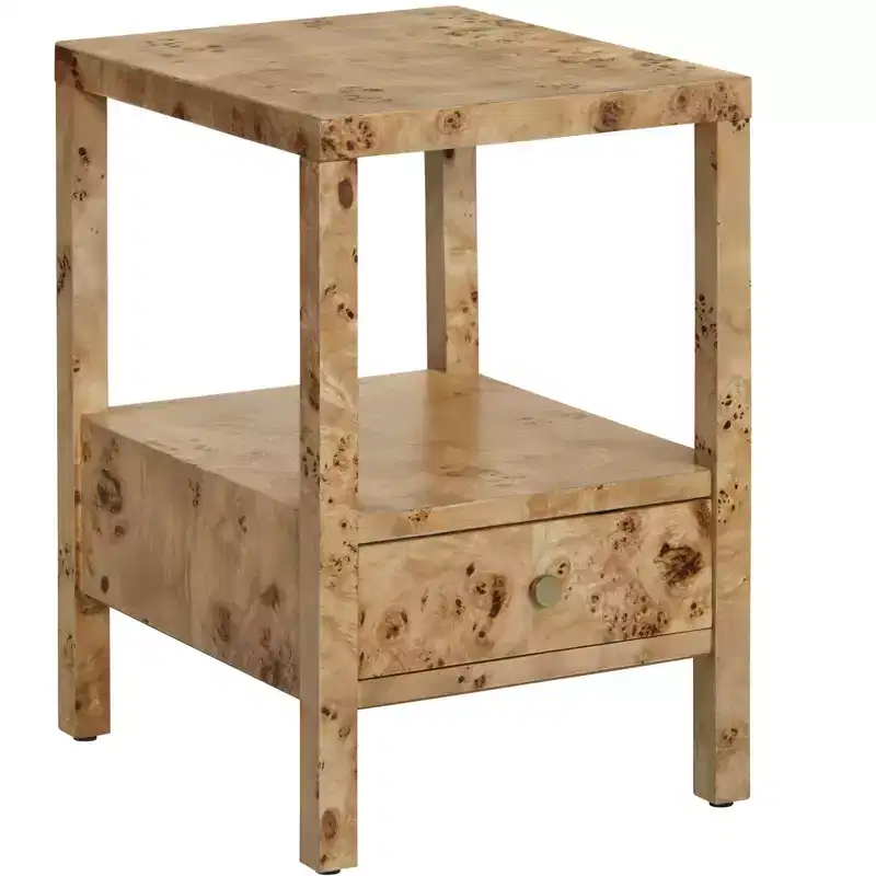 Square Brown Ash Burl Veneer Accent End Table with Soft-Close Drawer and Open Shelf