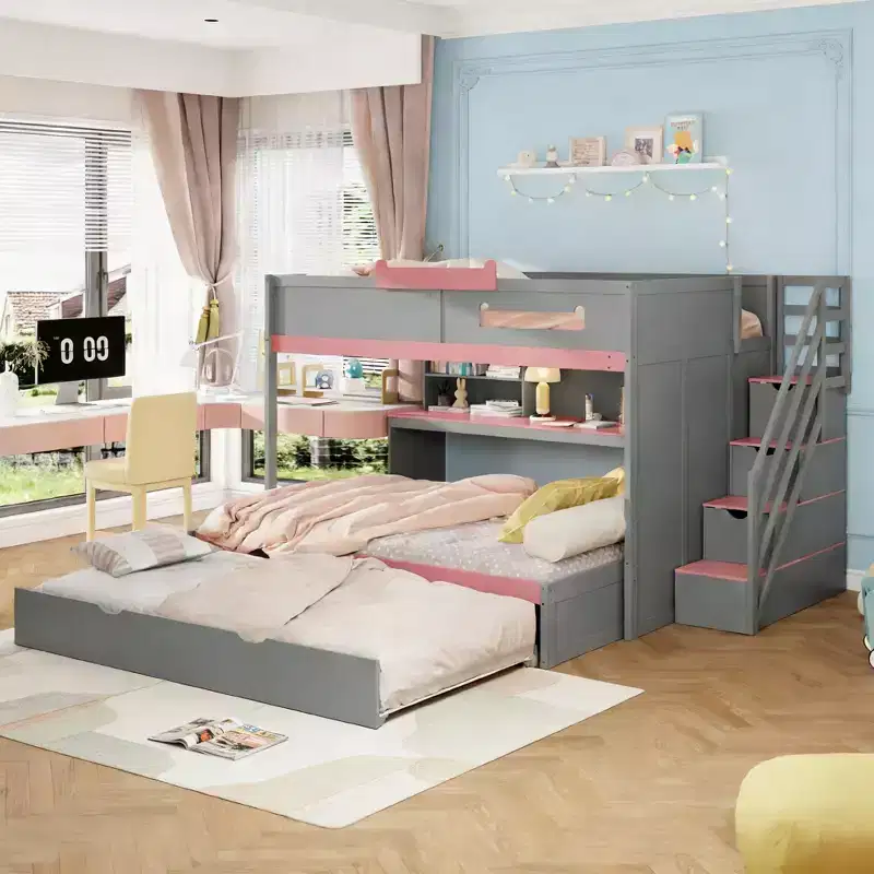 Luxystar Full Over Full Bunk Bed With Storage Stairs, Adjustable Lighted Bookcase and Trundle