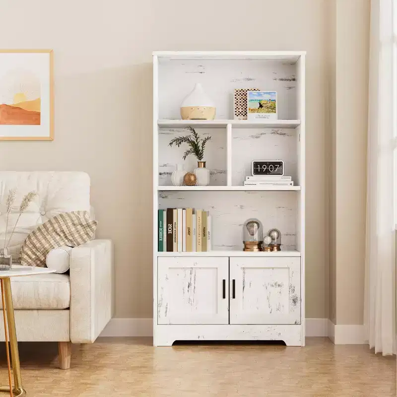 COZONY 3-Shelf Bookshelf with LED Lights & Doors, Farmhouse Bookcase with Wooden Display for Bedroom Living Room Home Office