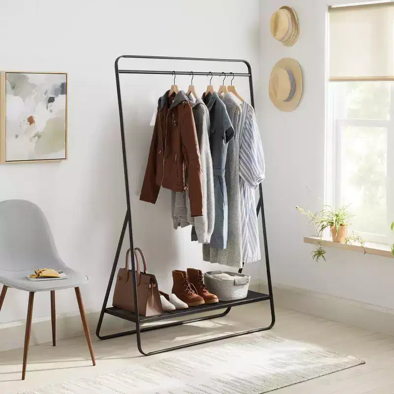 Metal Garment Rack, Powder-Coated Clothing & Hanging Rack, Fixed Rod & Shelf