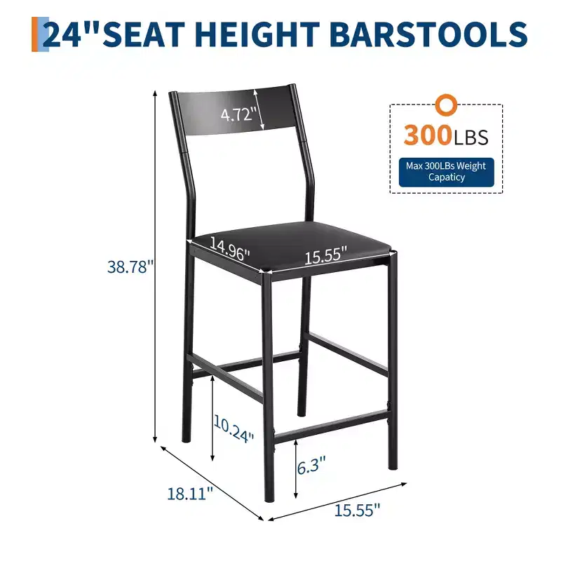 2 Modern Counter Height Bar Stools, PU Leather Island Chairs w/ Curved Backrest & Footrest, 300lbs Heavy Duty Iron Frame for Kitchen