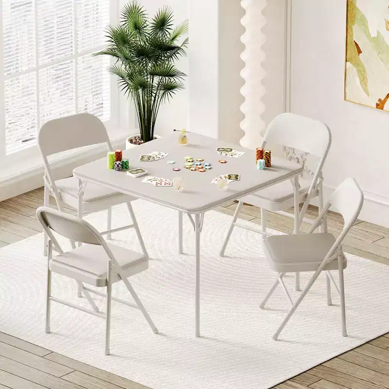 Folding Table, 33.6 Inch Folding Card Table, Portable Square Folding Table with PU Soft Cushion, Beige Metal Foldable Table Suitable