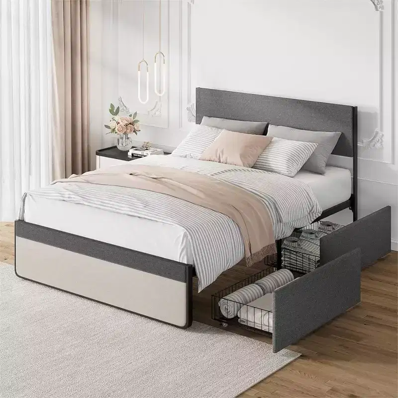 Whizmax Two Size Platform Bed Frame with 2 Storage Drawers, Fabric Upholstered, No Box Spring Needed, Noise Free, Easy Assembly, Gray