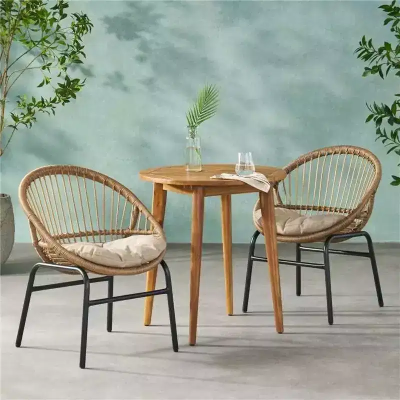 Christopher Knight Home Loic Farmhouse Iron Patio Seating Set with PE Rattan Design and Acacia Slatted Bistro Table