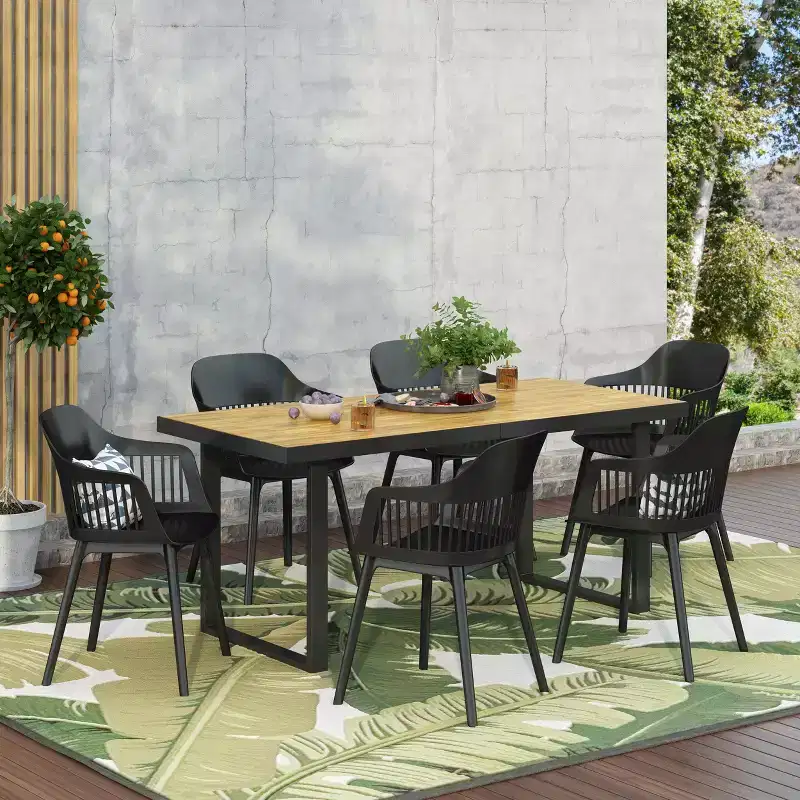 Christopher Knight Home Requeta Outdoor Acacia Wood and Resin 7 Piece Dining Set with 70.25 Dining Table, Black/Teak