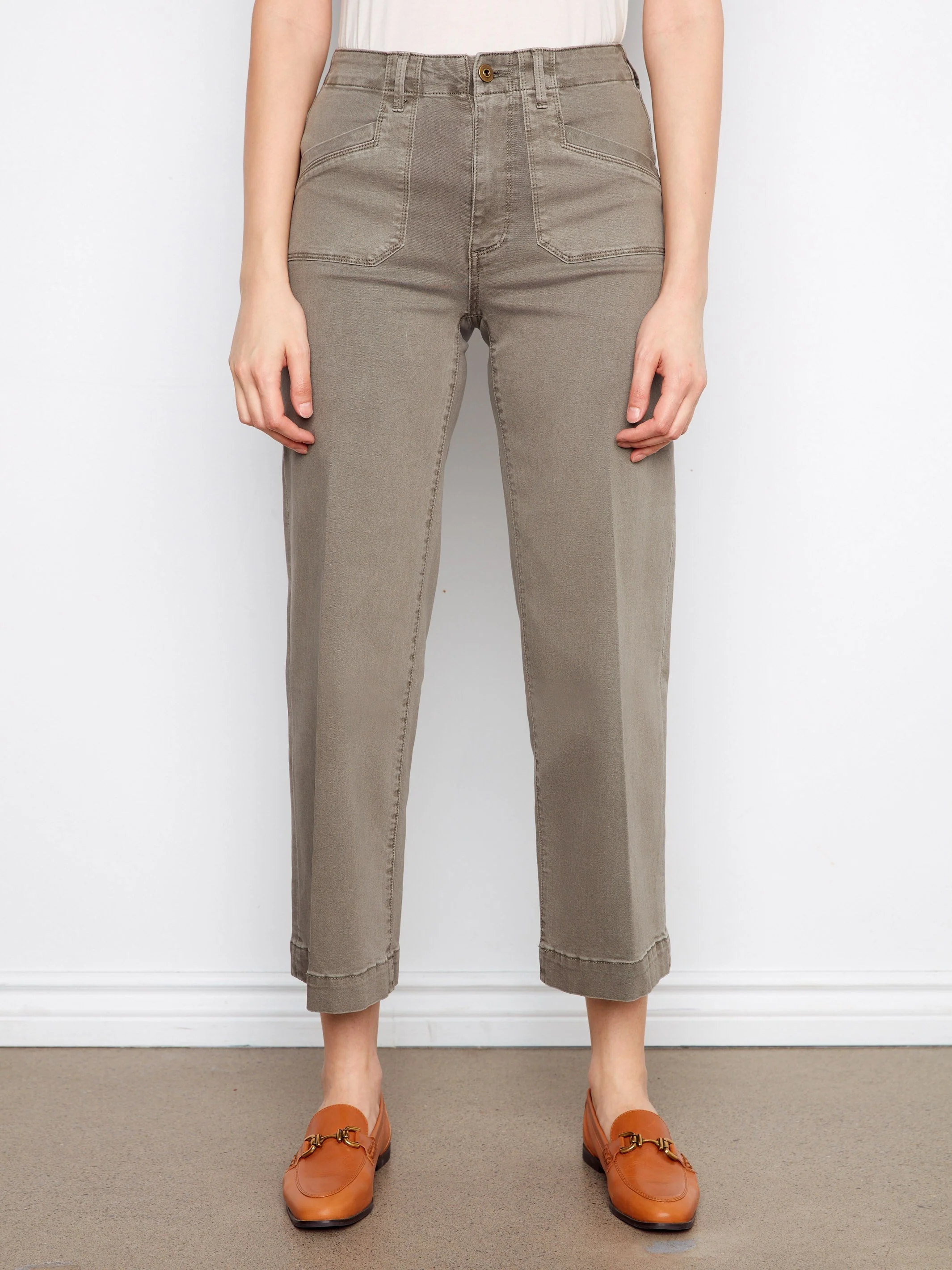 Cropped Wide Leg Stretch Twill Jeans - Sage