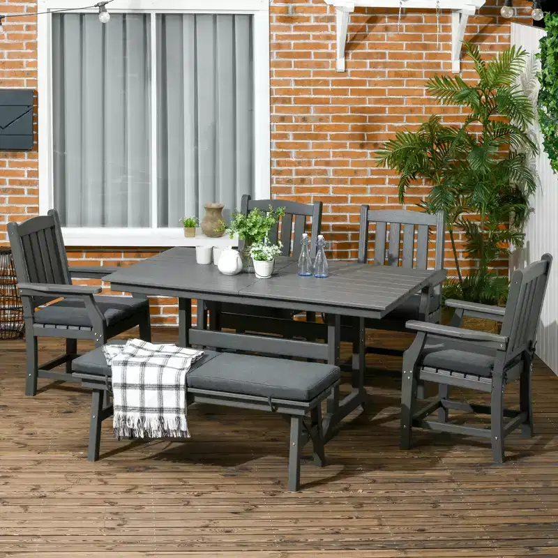 6 Pieces Patio Dining, 6 Seater Outdoor Table and Chairs, Conversation Furniture, Armrests, Loveseat Bench, Dinner Table with Umbrella Hole
