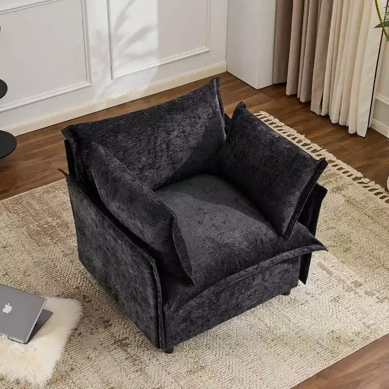 VINGLI Black Accent Chair 34 Width Oversized Reading Chair Upholstered Armchair Soft Chenille Fabric Living Room Chairs Sofa for Adults Bedroom