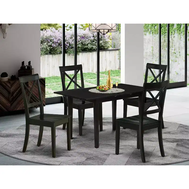 HomeStock 5-Pc Black Finish Solid Wood Top - Rectangular Dining Room Set with Butterfly Leaf - Seats 4