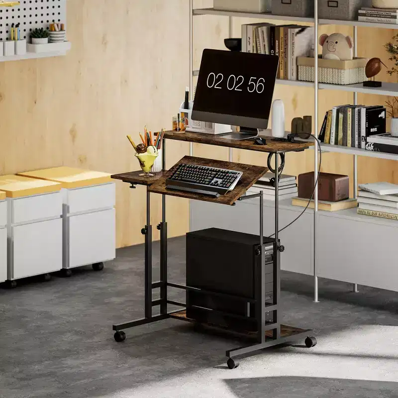 Adjustable Standing Desk with Power Outlets, Stand Up Desk with Tiltable Tabletop, Wheels, Shelf, for Home Office