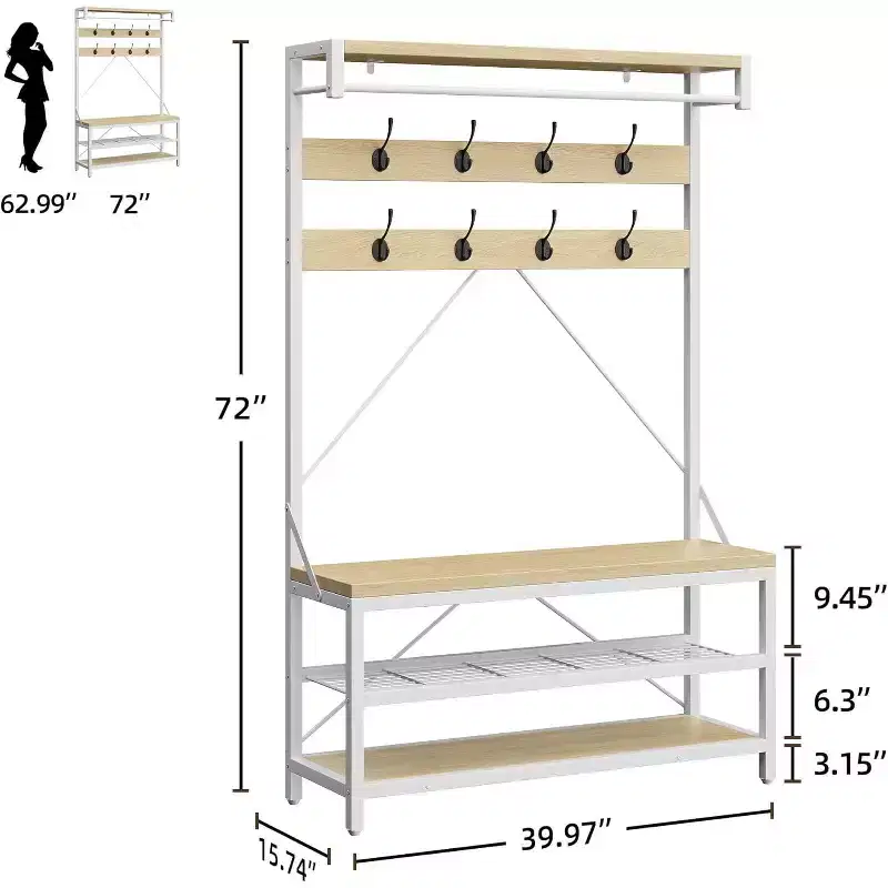 Industrial Hall Tree Shoe Bench, 72 Coat Rack with Storage Shelf, Hanging Bar & 8 Hooks for Entryway