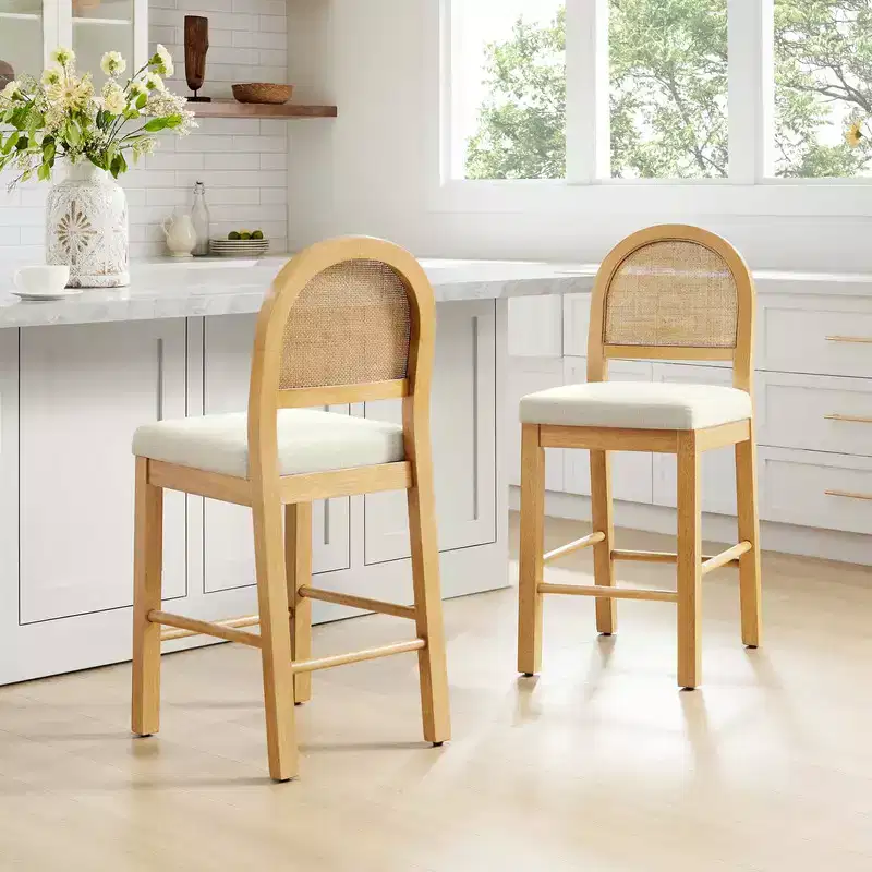Boho Rattan Counter Stool with Curved Rattan Back and Cushioned Seat