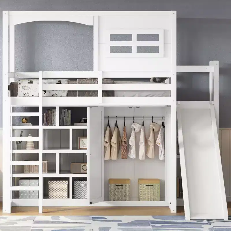 Twin Size Wood Loft Bed with Wardrobe, Storage Shelves, Slide & 7-Color LED Lights, Sturdy Pine/MDF Frame, White - ModernLuxe