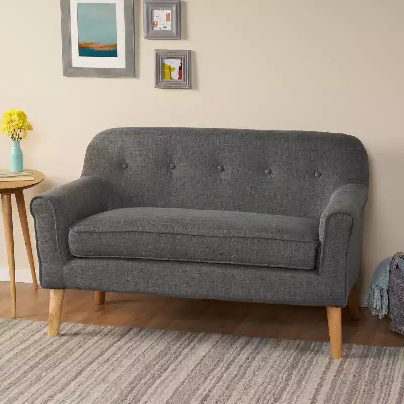 Mid-Century Modern Tufted Loveseat with Rolled Arms and Splayed Rubberwood Legs