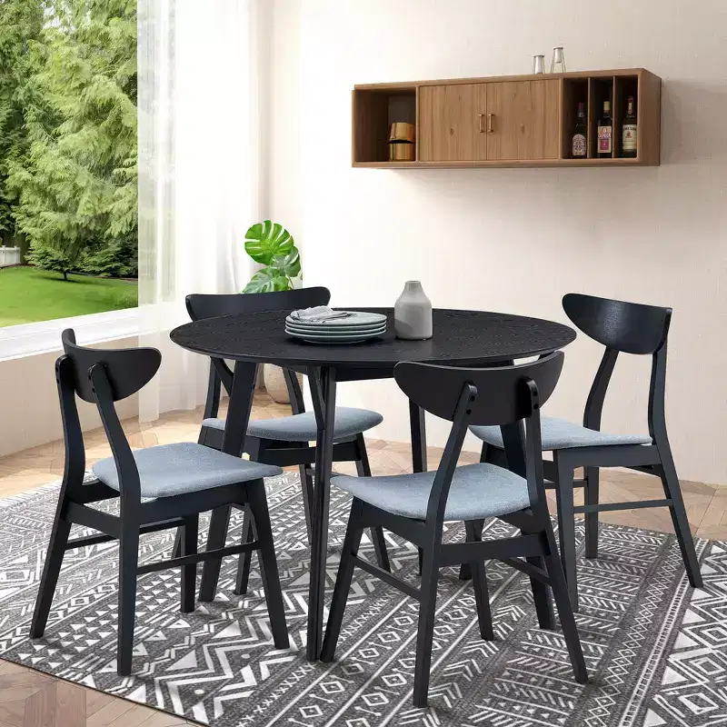 GDFStudio Lambert Modern Rubber Wood and Fabric Upholstered 5 Piece Round Dining Table Set