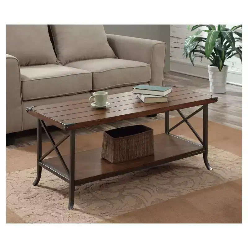 Coffee Table Dark Walnut/Slate Gray - Elegant Design, Decorative Metal, Storage Shelf