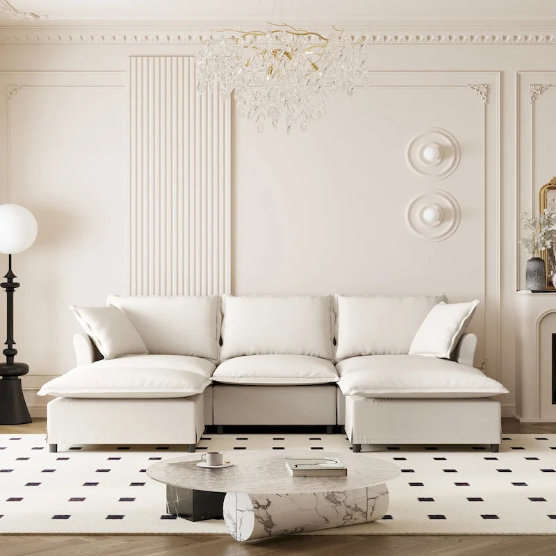 U Shaped Cloud Couch Set Chenille Sectional Sofa w/Ottoman, Pillows