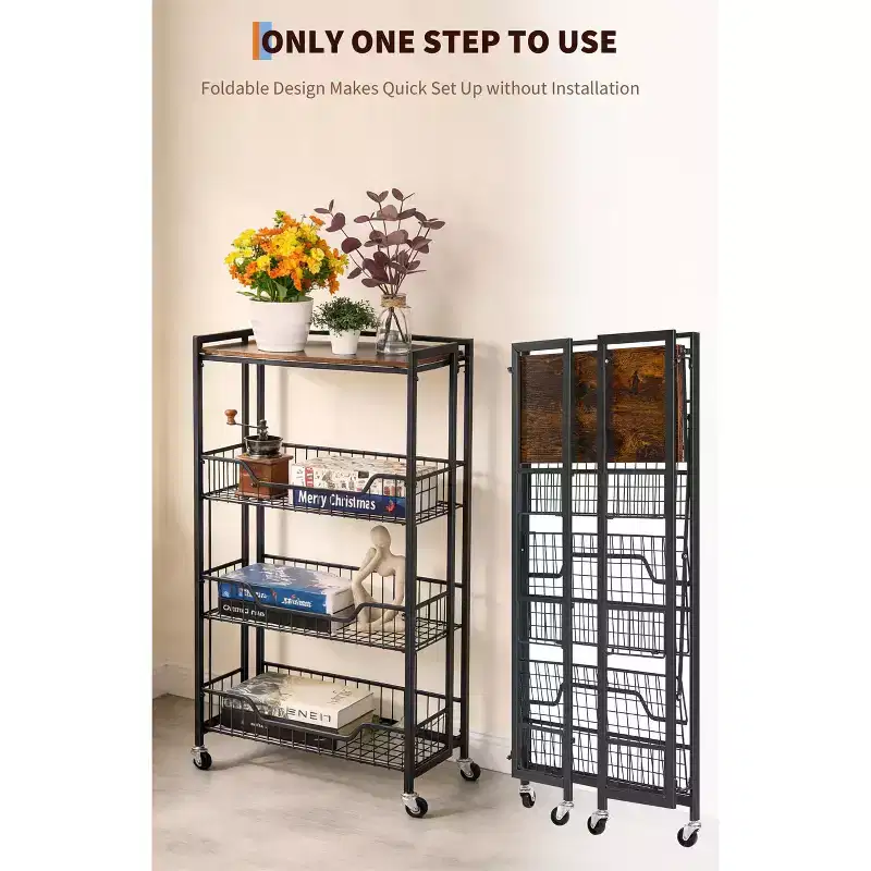 Large 4-Tier Foldable Storage Cart with Lockable Caster - 100Lbs Loading Capacity, Expandable Kitchen Organizer Storage Island, Garage Shelving