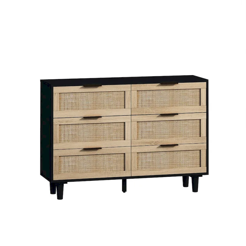 Roomfitters 43.31-Inch 6-Drawer Rattan Storage Cabinet in Black for Bedroom and Living Room